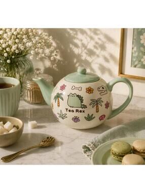 Mint Green/White Pusheen Tea Rex Stoneware Teapot w/Sticker- Rare/Discontinued